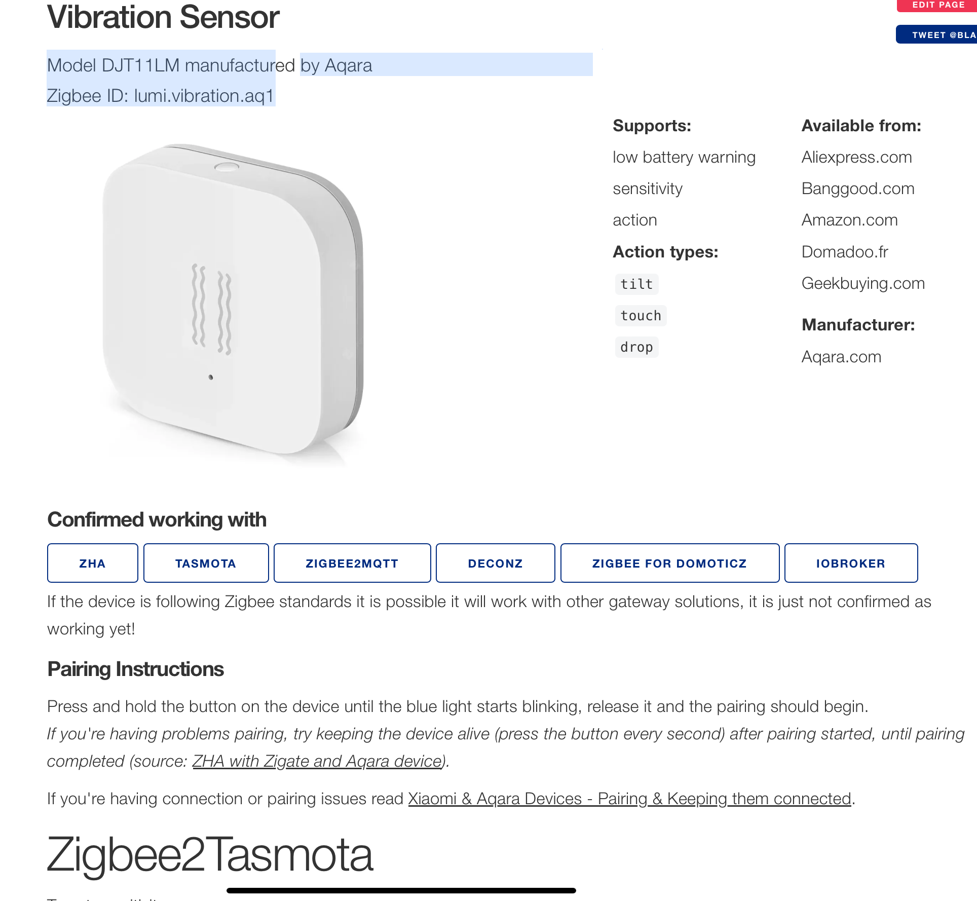Aqara vibration Sensor unter ZHA - Integrationen