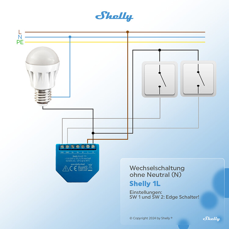 Shelly Wechselschaltung ohne Neutralleiter - in Lampe? - Shelly