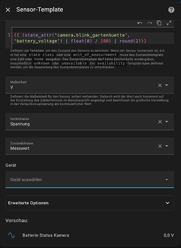 Template Sensor - Batterie Status Kamera